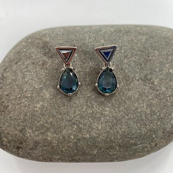 Monet Blue Topaz Hematite Dangle Drop Statement Earrings - Picture 2 of 12